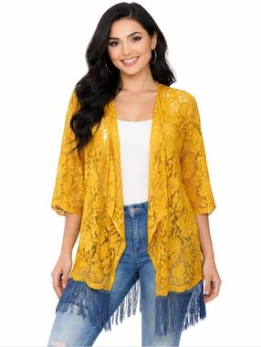 Lularoe Women's MONROE Yellow Lace Fringed Kimono Size Large 14-24